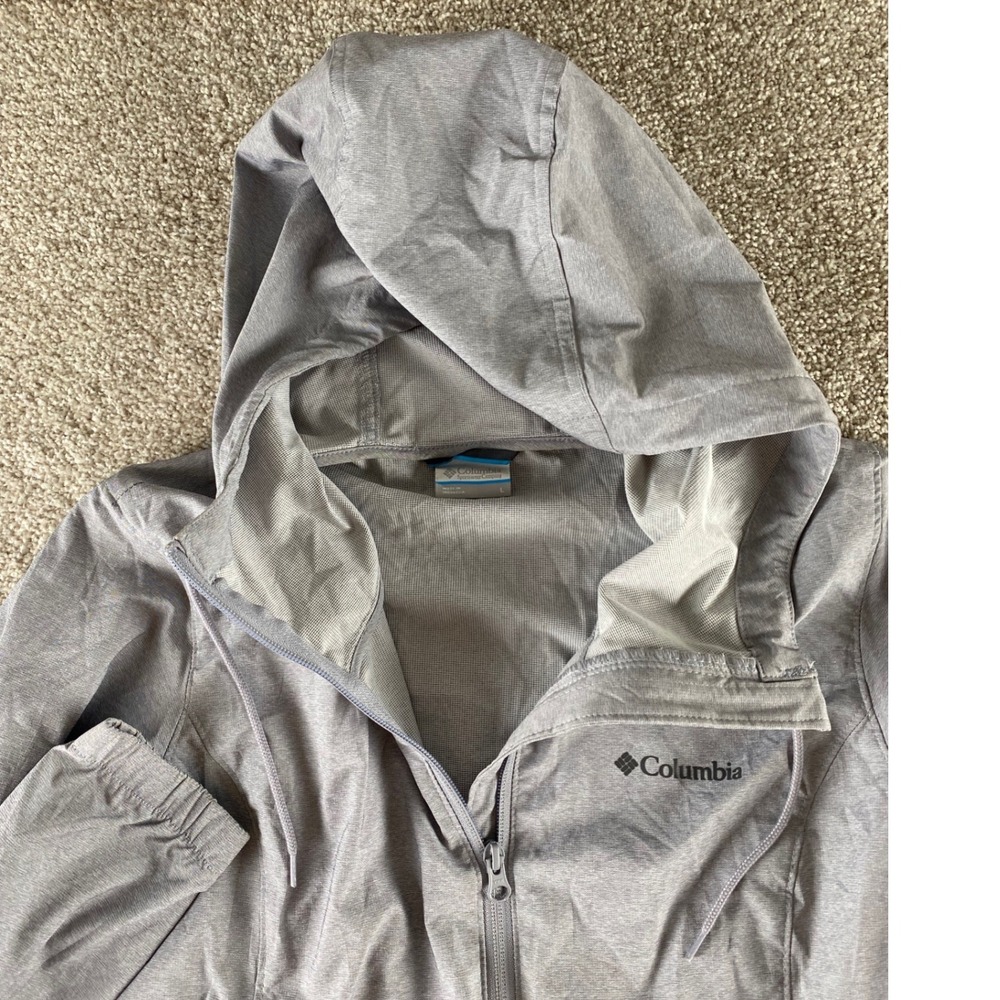 Columbia Womens L Trench Grey Full Zip Hooded Jacket Longline Stretch XK0547